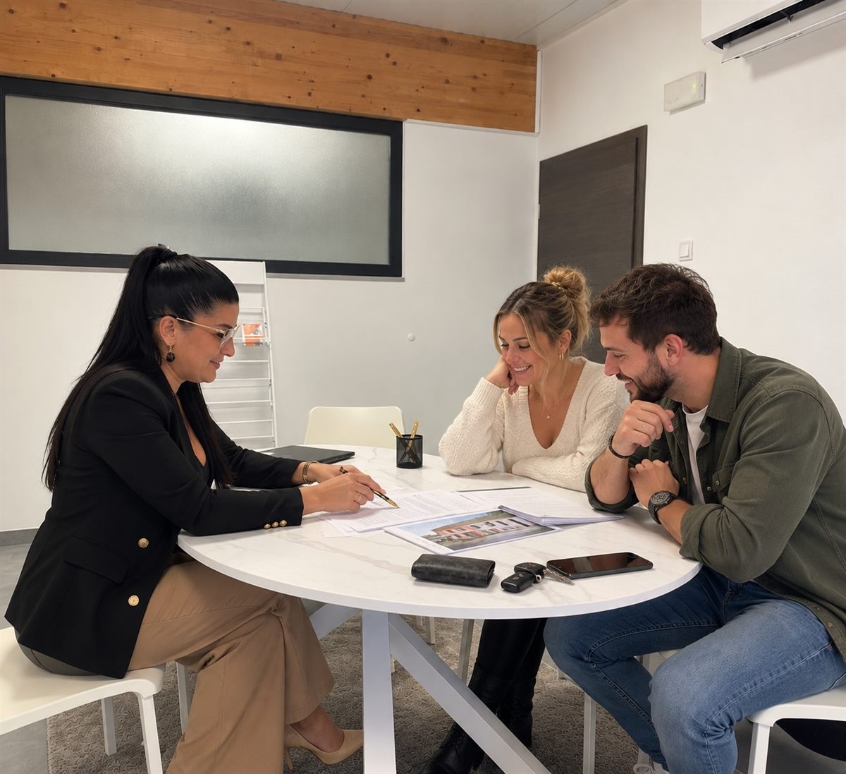 Rosa Umina en rendez-vous avec un couple au bureau de R-Live Financys à Seraing, analyse d'un dossier de crédit hypothécaire